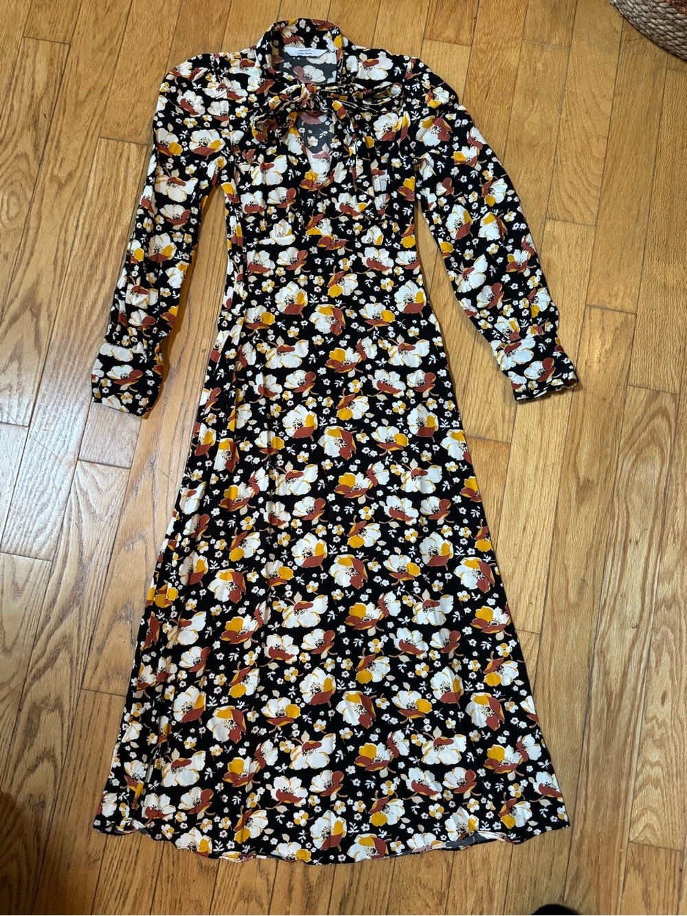 Paris Atelier & Other Stories Brown Floral Midi Dress Keyhole Tie Neck Sz 32, XS